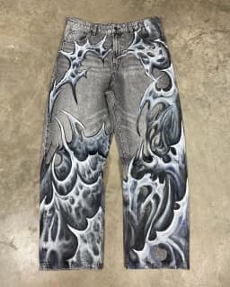 Vintage baggy černé džíny s gotickým potiskem - unisex široké denim kalhoty - náhled 5
