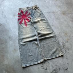 Vintage baggy džíny šedé s červeným potiskem - unisex široké kalhoty streetwear gotický styl - náhled 3