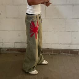 Vintage baggy džíny šedé s červeným potiskem - unisex široké kalhoty streetwear gotický styl - náhled 6