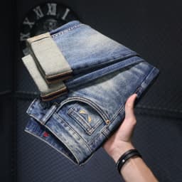Pánské džíny slim straight stretch pohodlné vintage modré casual kalhoty - náhled 3