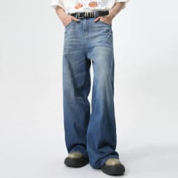 Pánské džíny široké rovné nohy blesk vzor prané denim kalhoty jaro léto - náhled 3