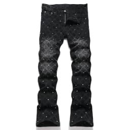 Pánské černé džíny bootcut s nýty stretch denim kalhoty slim fit rozšířené - náhled 2