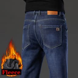 Pánské fleece džíny teplé podšité rovný střih business casual kalhoty větší velikosti - náhled 3