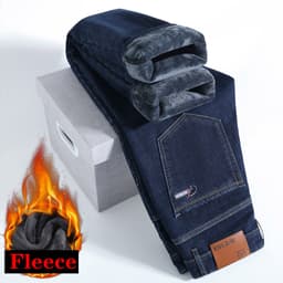 Pánské fleece džíny teplé podšité rovný střih business casual kalhoty větší velikosti - náhled 6