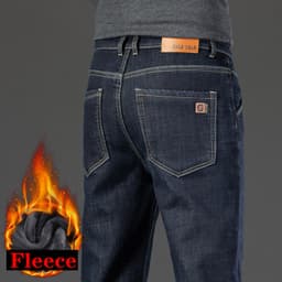 Pánské fleece džíny teplé podšité rovný střih business casual kalhoty větší velikosti - náhled 4