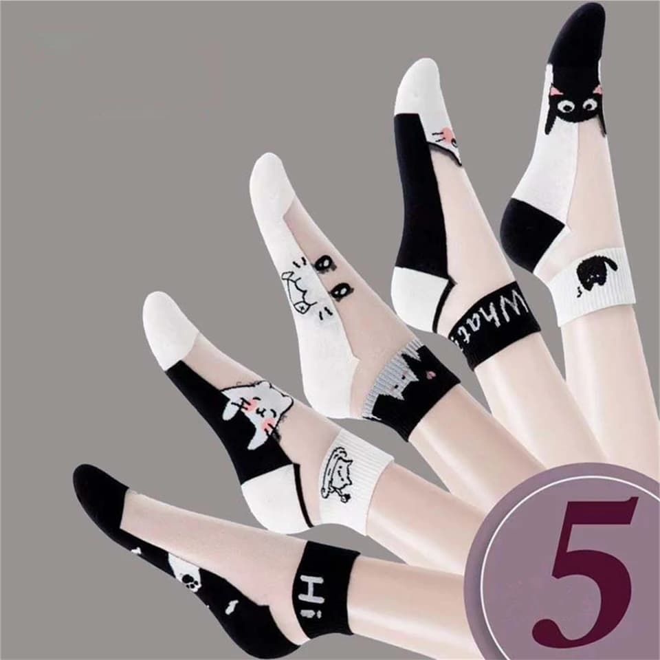 Dámské letní ponožky s kočkami - prodyšné krátké ponožky černobílé 5 párů