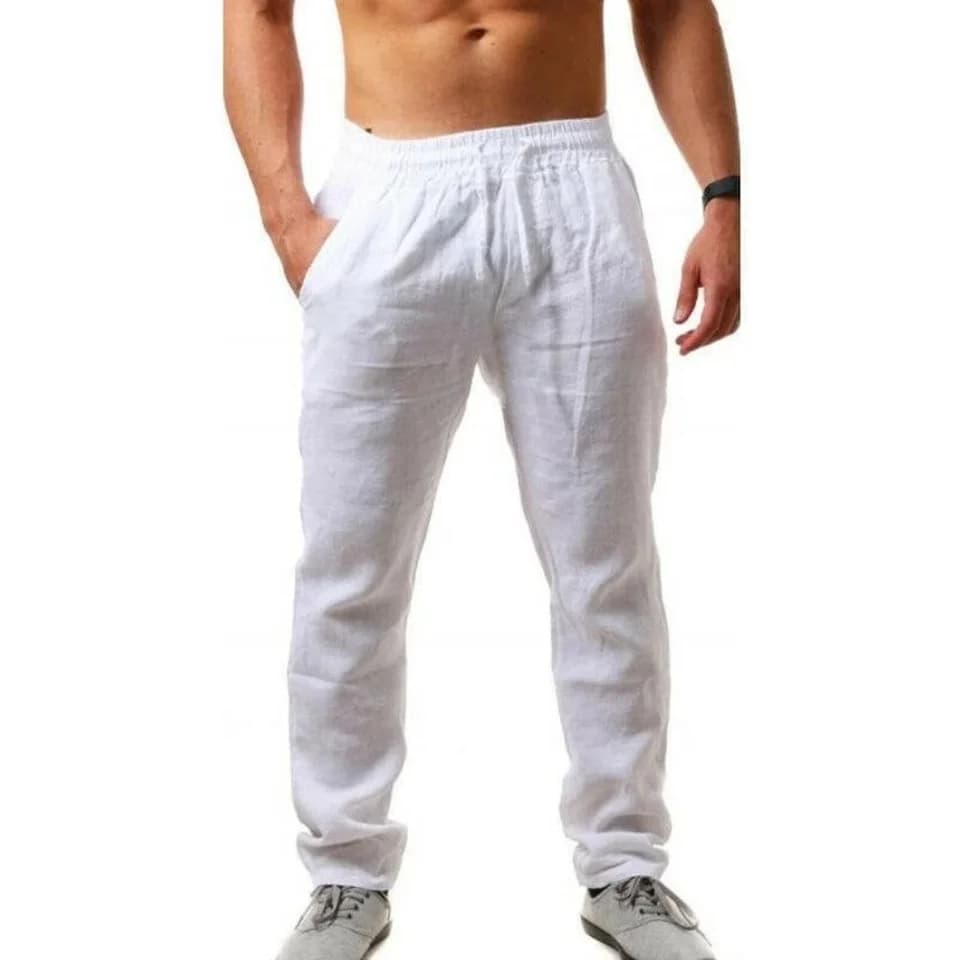 Pánské bavlněné lněné kalhoty podzimní prodyšné jednobarevné fitness streetwear S-3XL
