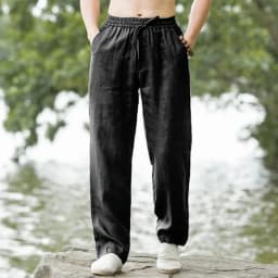 Pánské letní kalhoty bavlna len volné plážové tepláky streetwear casual dlouhé - náhled 4