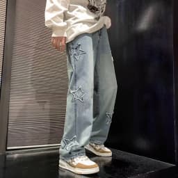 Pánské široké džíny s výšivkou hvězd gothic streetwear volné kalhoty hip-hop styl - náhled 2
