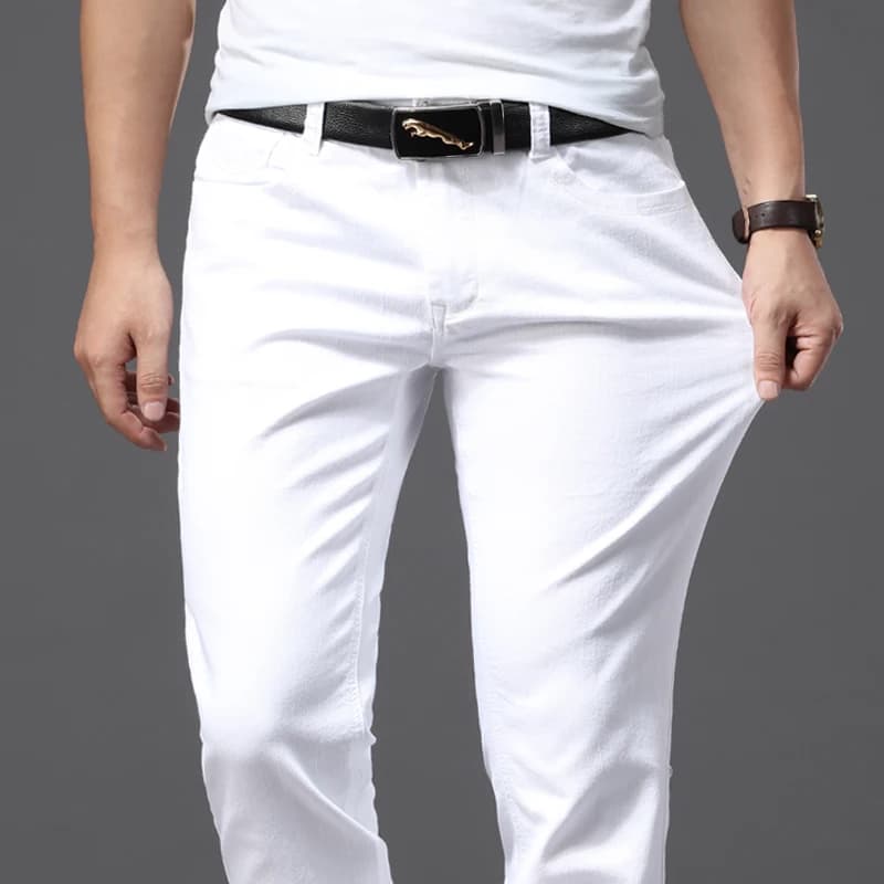 Pánské bílé džíny slim fit stretch kalhoty casual klasické bavlněné pohodlné