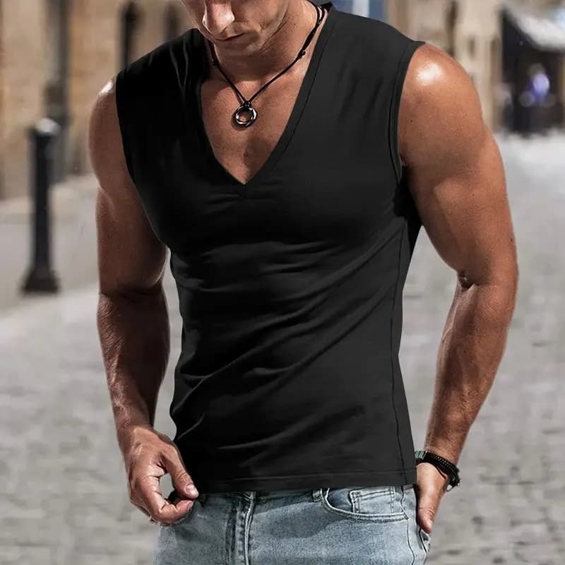 Letní pánská vesta bez rukávů V výstřih bavlna fitness sport casual tílko