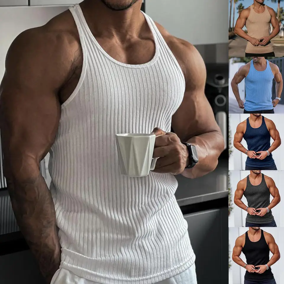 Pánské bavlněné tílko bez rukávů fitness sport volný čas slim fit 7 barev černé