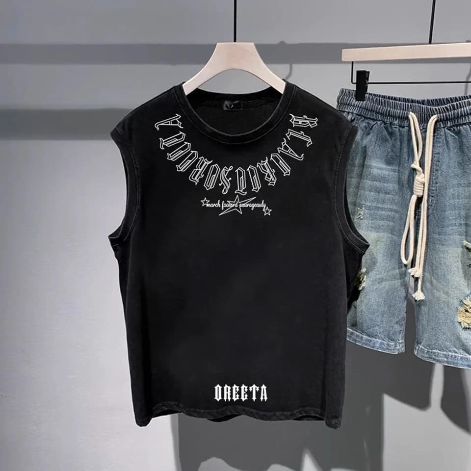 Pánské bavlněné tílko s potiskem - sportovní letní top bez rukávů casual styl