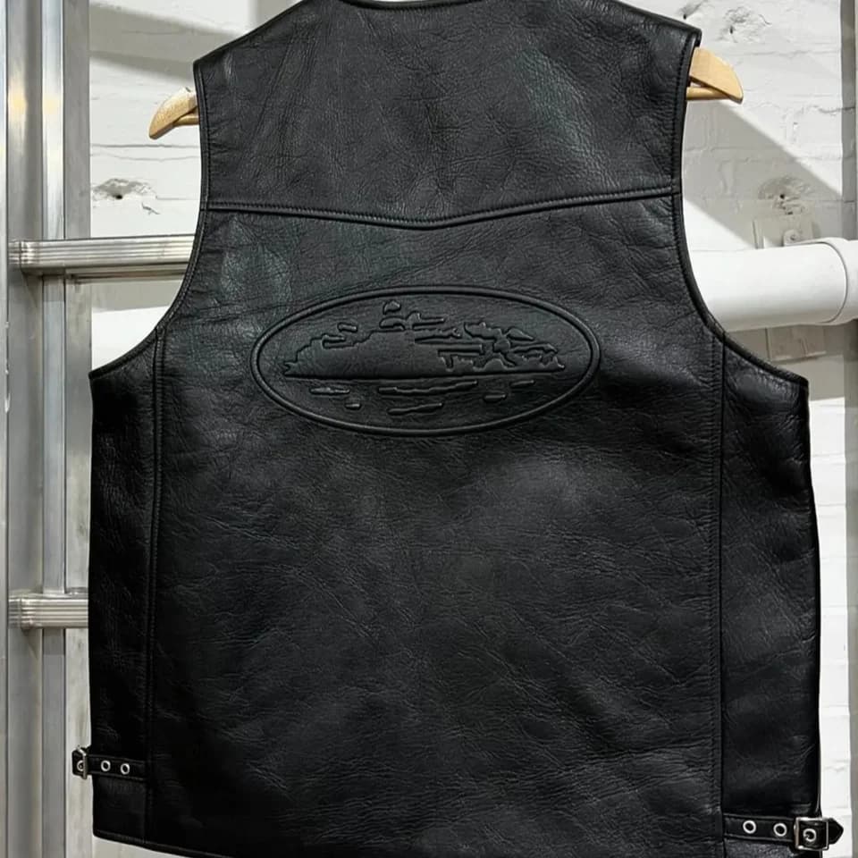 Pánská černá kožená vesta motorkářský styl retro límec V casual oblečení pro muže