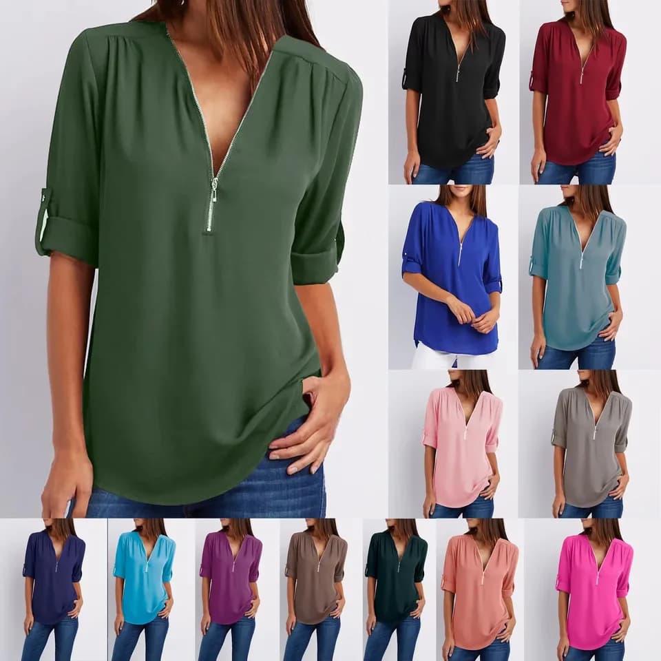 Dámská šifonová halenka s hlubokým výstřihem a zipem - volná košile pro ženy XS-5XL
