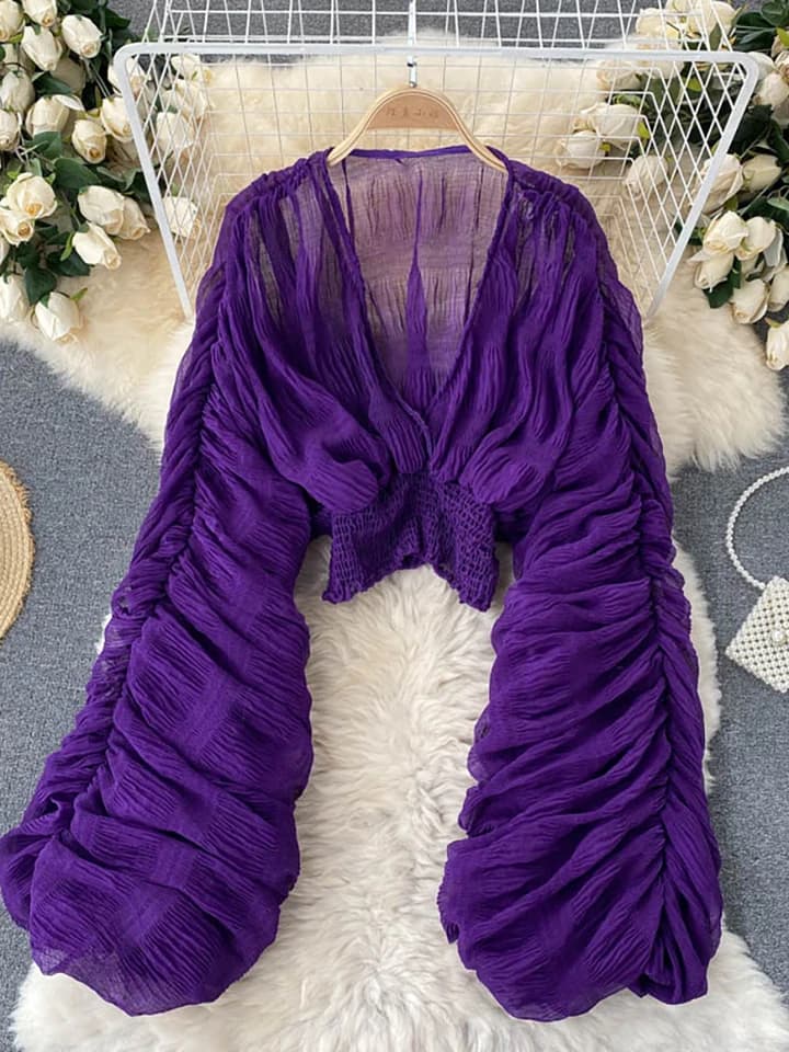 Dámská elegantní šifonová halenka s V-výstřihem a dlouhými rukávy - letní party top