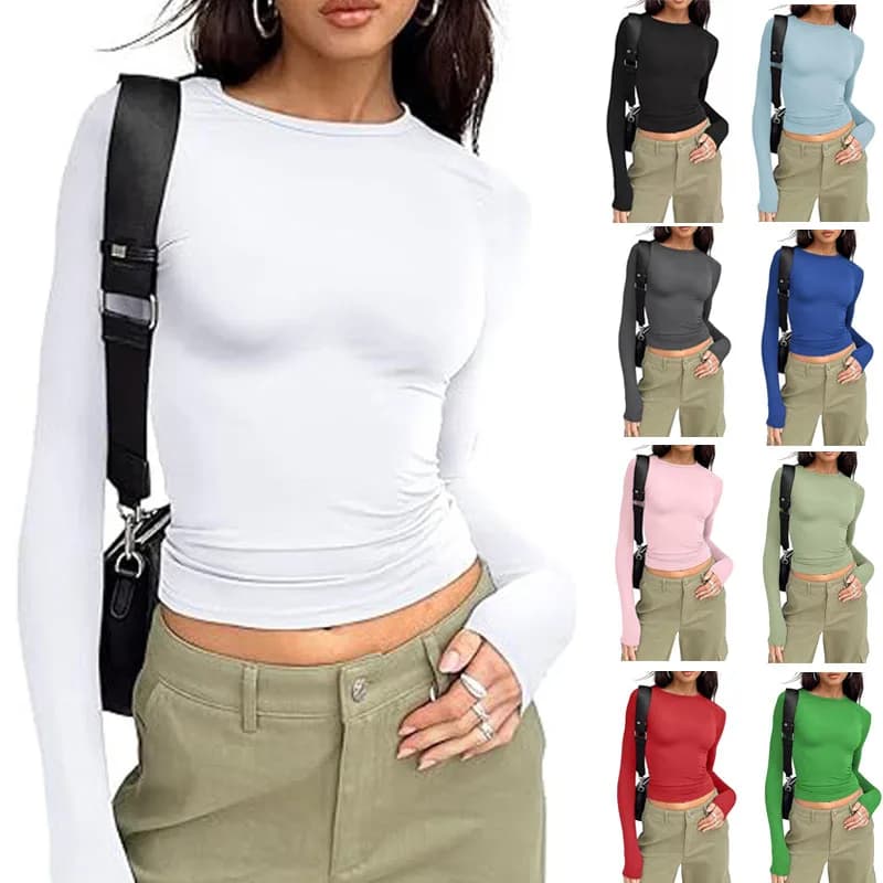 Dámské tričko s dlouhým rukávem slim fit bavlněné jednobarevné casual crop top tričko