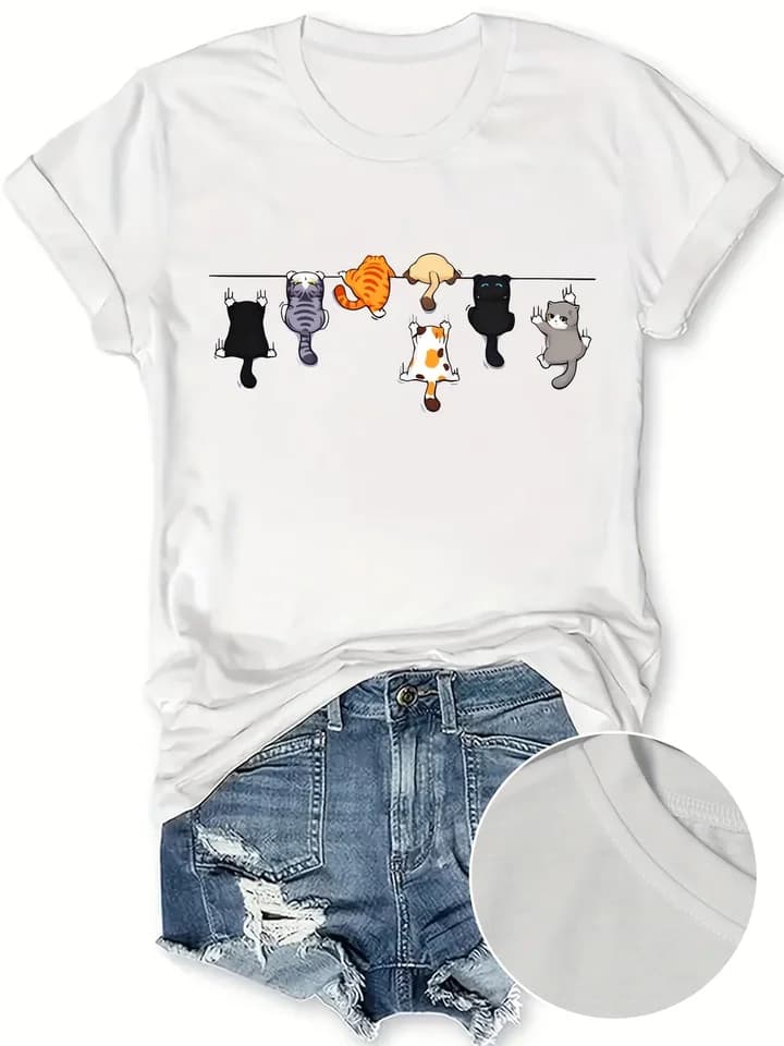 Dámské tričko s potiskem koček - bavlněné casual triko s krátkým rukávem a kulatým výstřihem