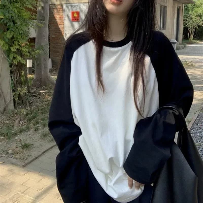 Dámské oversized tričko s dlouhým rukávem černobílé patchwork streetwear Y2K styl