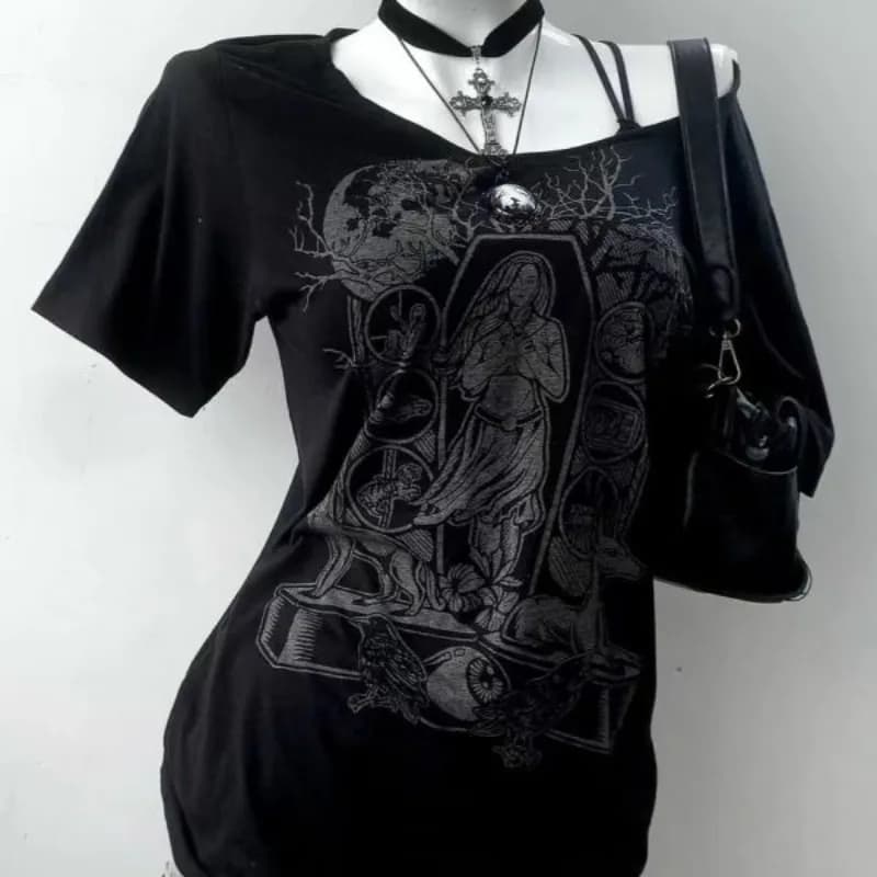 Dámské černé tričko gothic vintage Y2K harajuku punk top letní casual trendy