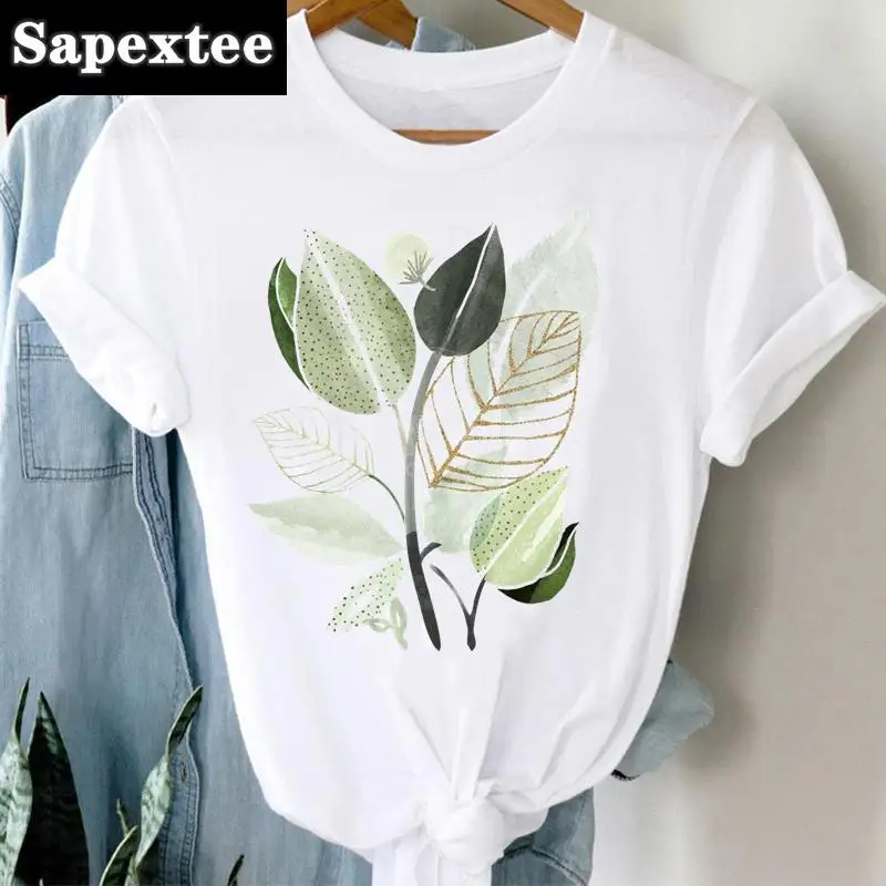 Dámské tričko s krátkým rukávem - letní potisk rostlin, casual módní top pro ženy