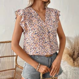 Dámský lehký top s květinovými rukávy a výstřihem do V - prodyšný slim fit tričko - náhled 2