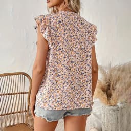 Dámský lehký top s květinovými rukávy a výstřihem do V - prodyšný slim fit tričko - náhled 3