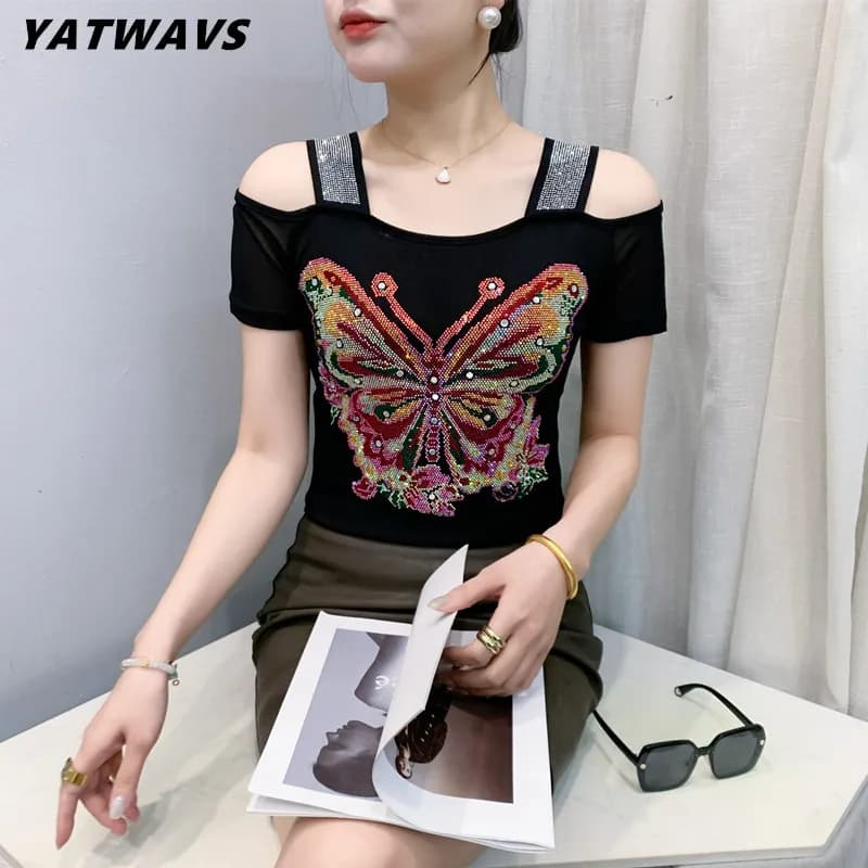 Dámské tričko s květinami a kamínky - sexy off shoulder mesh top letní móda 2025