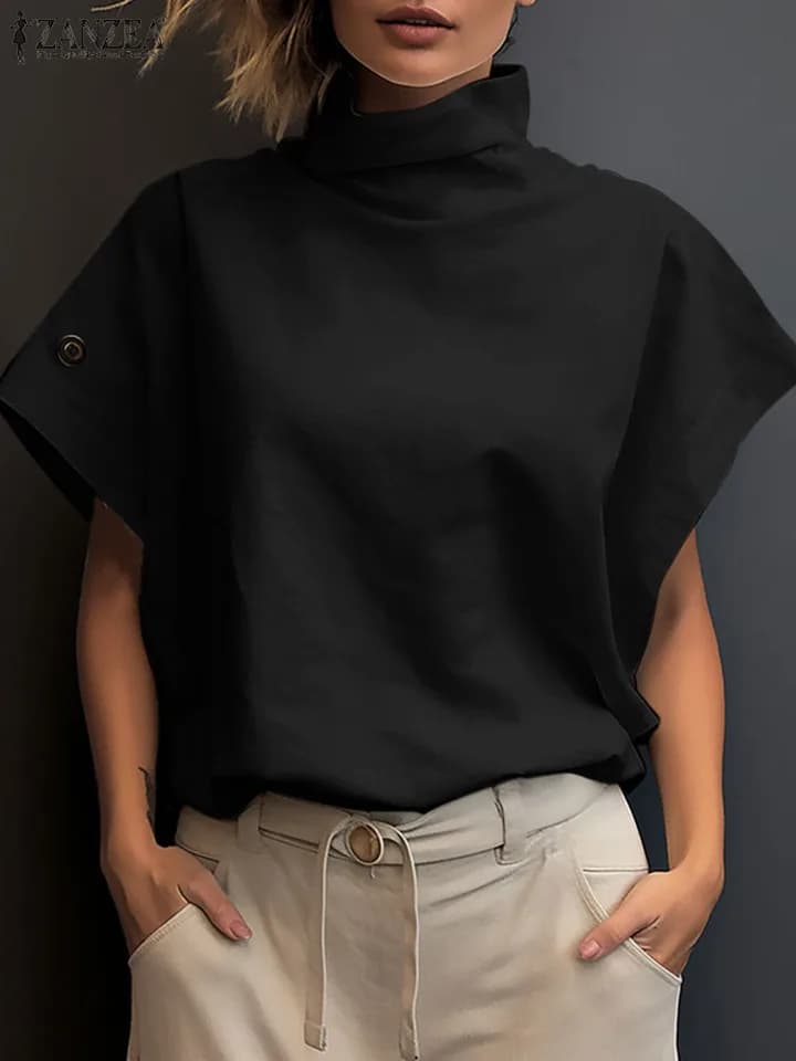Dámská elegantní košile s krátkým rukávem a rolákem - letní volná halenka do práce a na párty