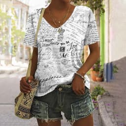 Dámské tričko s V výstřihem černobílý nápis vintage design casual léto plus size - náhled 7