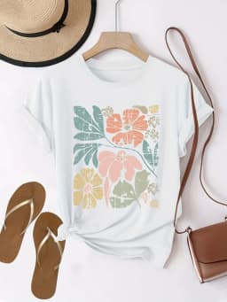 Dámské tričko s květinovým potiskem krátký rukáv bavlna casual top letní móda - náhled 3