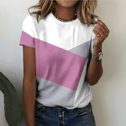 Dámské tričko s geometrickým vzorem - růžové bílé šedé - krátký rukáv bavlna casual - náhled 2