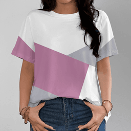Dámské tričko s geometrickým vzorem - růžové bílé šedé - krátký rukáv bavlna casual - náhled 4