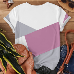 Dámské tričko s geometrickým vzorem - růžové bílé šedé - krátký rukáv bavlna casual - náhled 6
