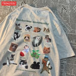 Dámské bavlněné tričko s kočičím potiskem - krátký rukáv oversize letní top - náhled 2