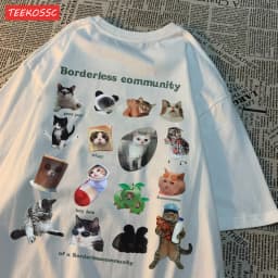 Dámské bavlněné tričko s kočičím potiskem - krátký rukáv oversize letní top - náhled 4