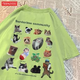 Dámské bavlněné tričko s kočičím potiskem - krátký rukáv oversize letní top - náhled 5