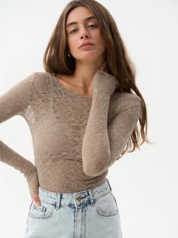 Dámské průsvitné krajkové crop top s dlouhým rukávem - slim fit tričko s kulatým výstřihem - náhled 7