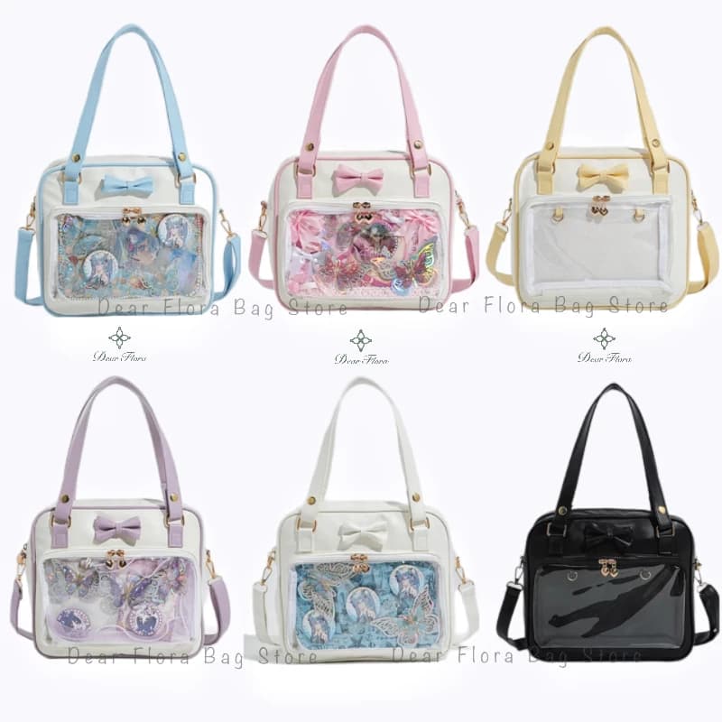 Transparentní crossbody kabelka s mašlí pro ženy - módní messenger bag s odznakovým designem