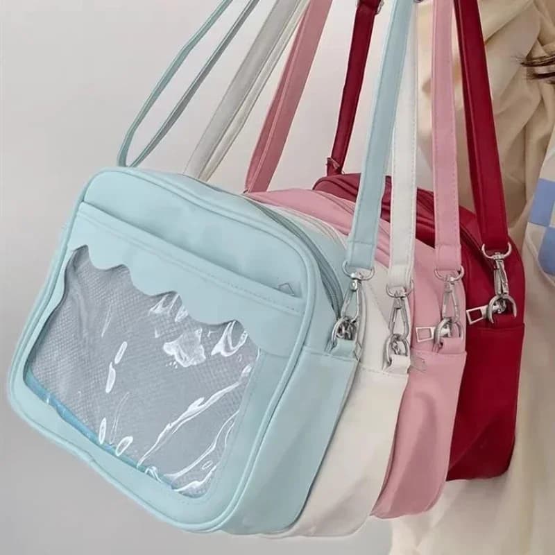 Transparentní crossbody kabelka s kapsou pro ženy - anime styl školní taška přes rameno