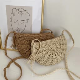 Dámská slaměná kabelka půlkruhová crossbody plážová taška boho styl ručně pletená - náhled 2