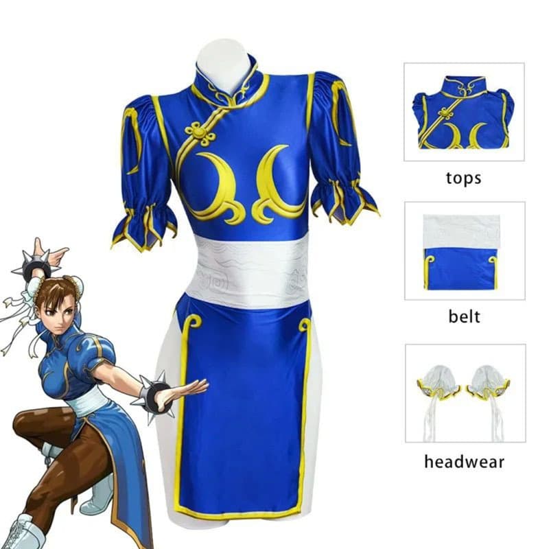 Kostým Chun Li kung fu modré qipao šaty pro cosplay Halloween párty kompletní sada