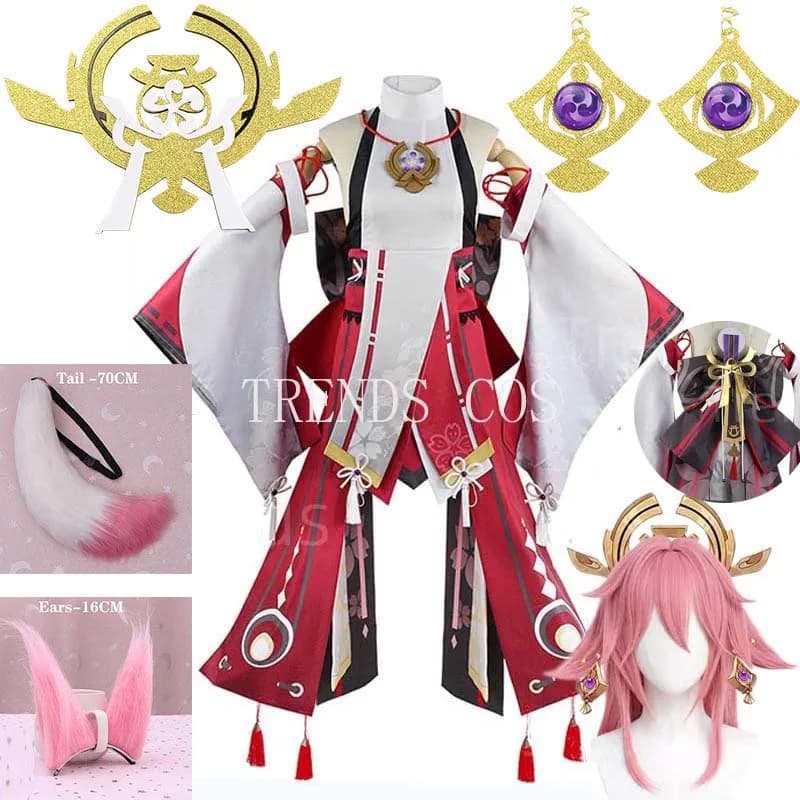 Yae Miko cosplay kostým kompletní set s parukou náušnicemi a ocasem pro Comic Con