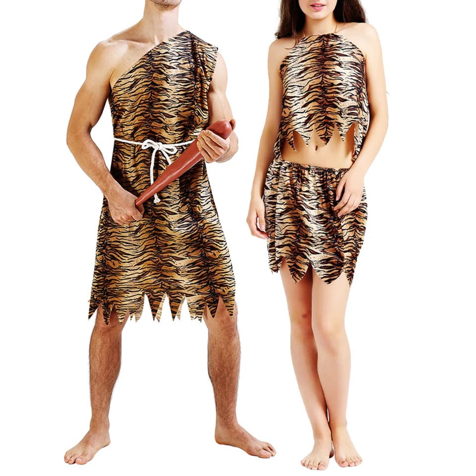 Dospělý kostým jeskynního člověka s leopardím vzorem - kombinéza s opaskem pro Halloween