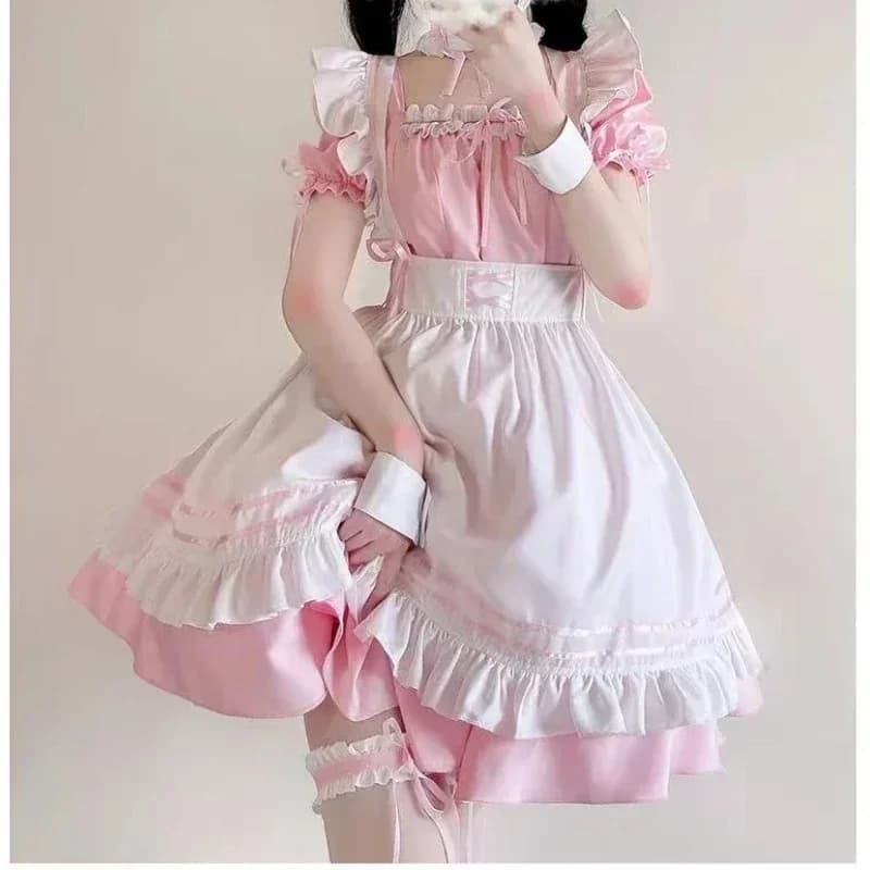 Roztomilý pokojská kostým pro ženy - černý růžový cosplay outfit šaty S-5XL