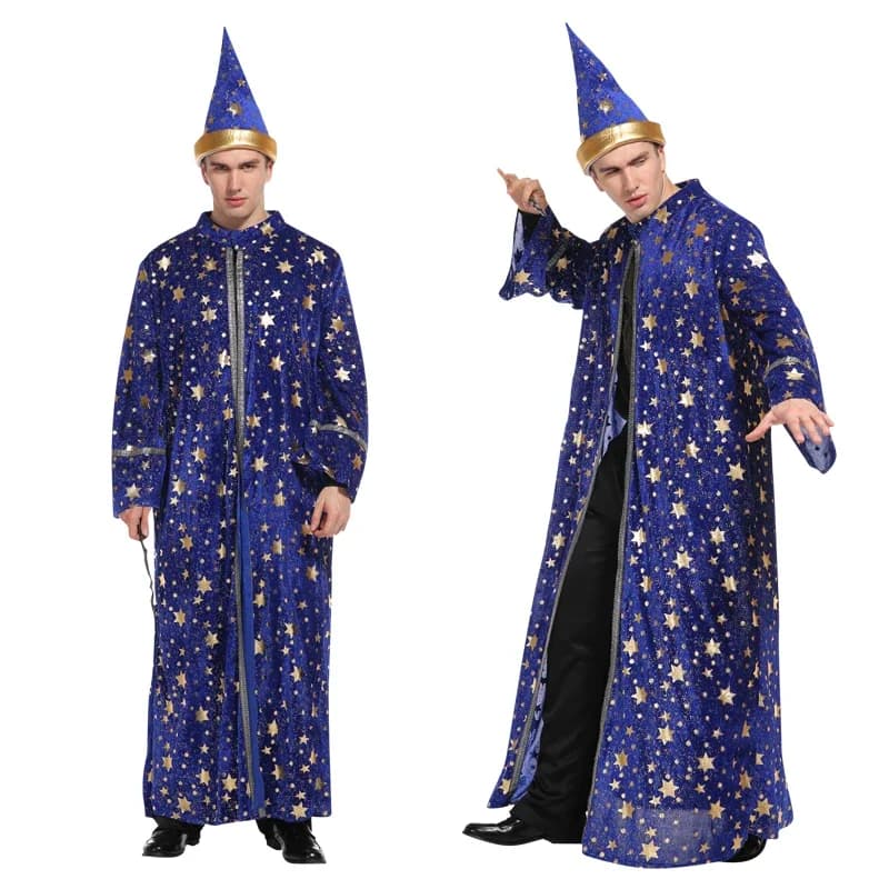 Pánský čaroděj kostým modrý plášť s kloboukem hvězdy měsíc Halloween cosplay