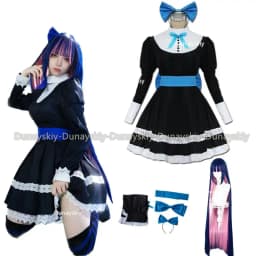 Dámský cosplay kostým černé šaty s dlouhou parukou mašlí sponkami a proužkovanými punčochami - náhled 3