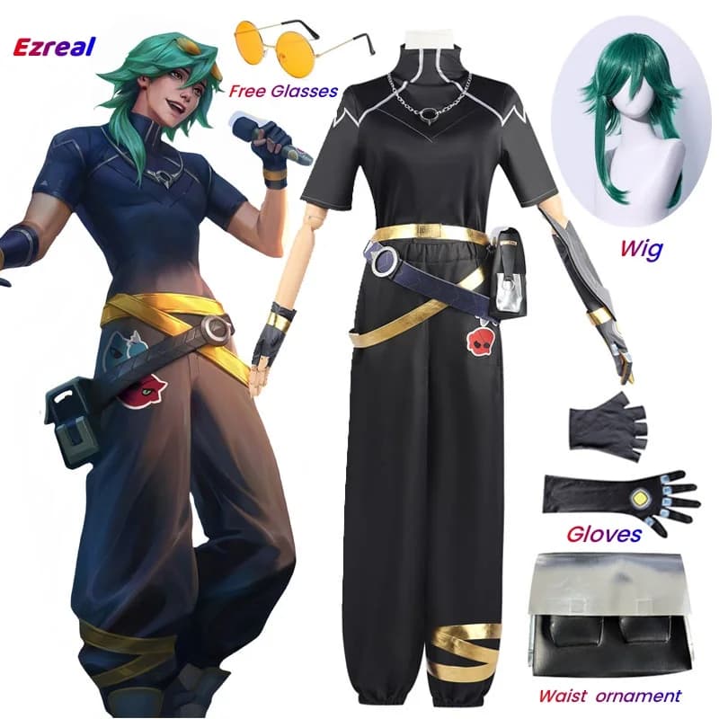Cosplay kostým Ezreal černý unisex oblek s brýlemi Halloween kompletní sada gaming outfit