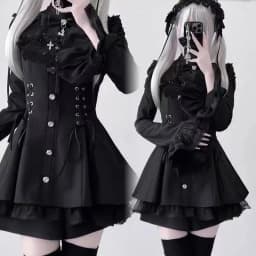 Dámské roztomilé lolita šaty s mašlí a krajkou - Gothic punk mini šatová souprava - náhled 5