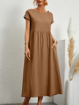 Dámské vintage letní šaty volného střihu - elegantní lněné šaty s krátkým rukávem - náhled 4